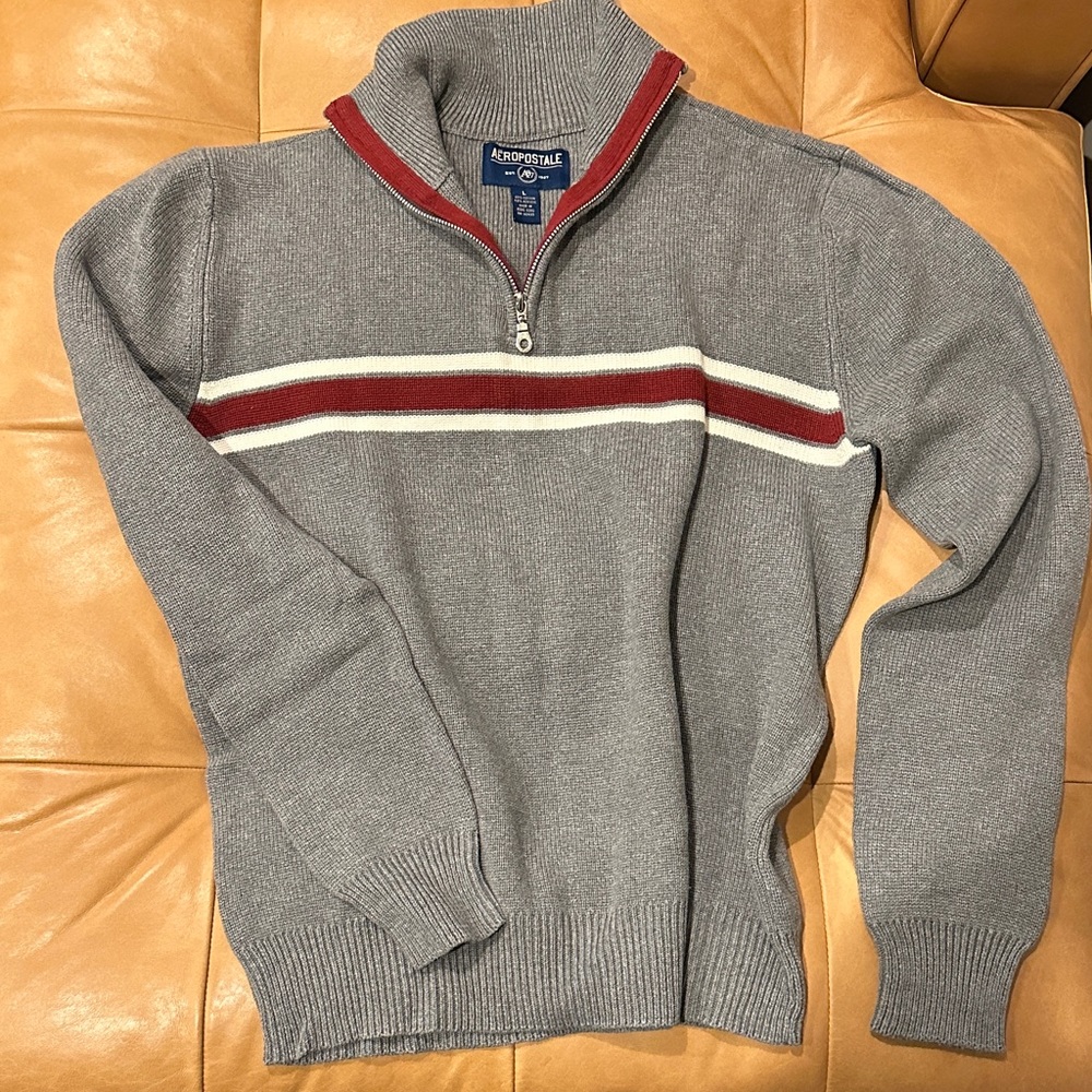 Aeropostale Gray Half-Zip Sweater with Red and White Stripes